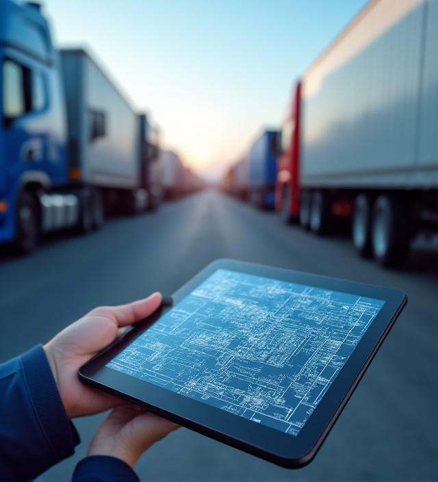 Logistics management hub with trucks in background